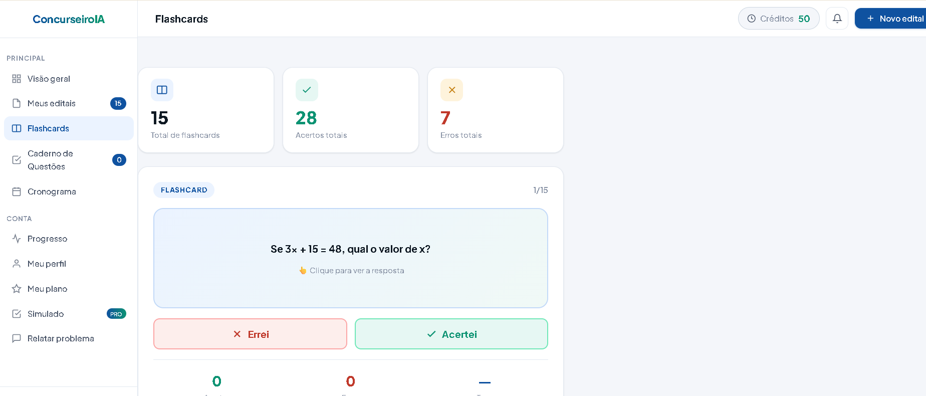 Flashcards do ConcurseiroIA com botões de acertei e errei